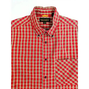 Timberland Size Large Men Red Check Button Down Long Sleeve Hem Pocket Logo Tags